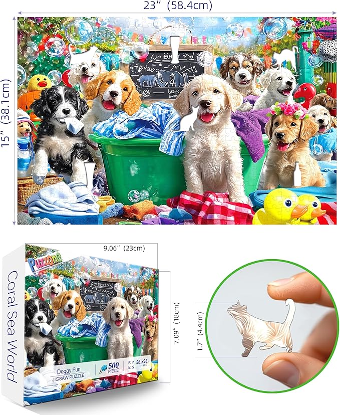 Puppy Laundry Day 500 Piece Jigsaw Puzzle for Adults Fun Colorful Cute Playful Dogs with Bubbles Bath Scene, Seniors & Families Relax Puzzles with Letters on Back, 23x15 Inch