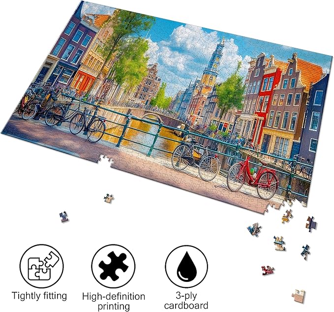 Bimkole Amster Canal Puzzles for Adults 1000 Pieces, Architecture Paper Jigsaw Puzzle 1000 Pieces - Fun and Challenging Family Decoration Puzzle Great Gift Idea, Finished Size is 31.5 x 16.14 in