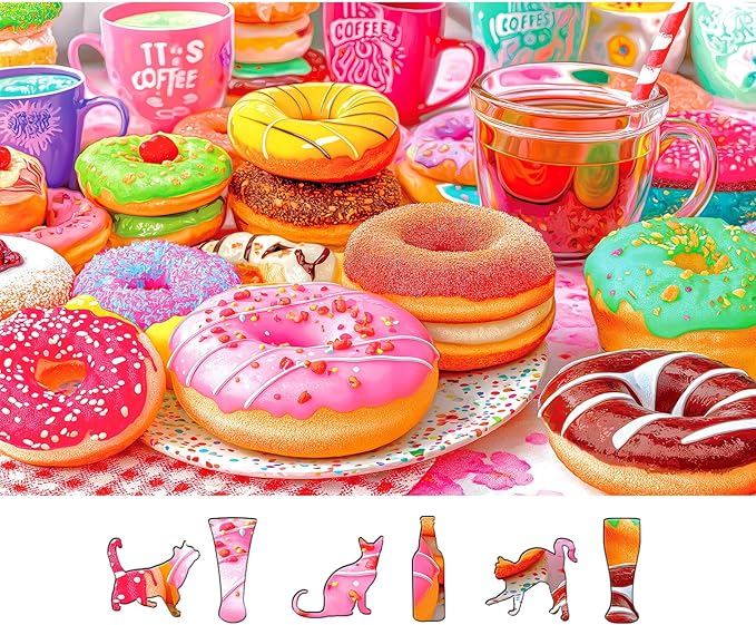 500 Piece Jigsaw Puzzle for Adults Colorful Donuts Coffee Delicious Dessert Design Fun Vibrant Food Sweet Treats Puzzles for Family Game Night Seniors(23“X15”)