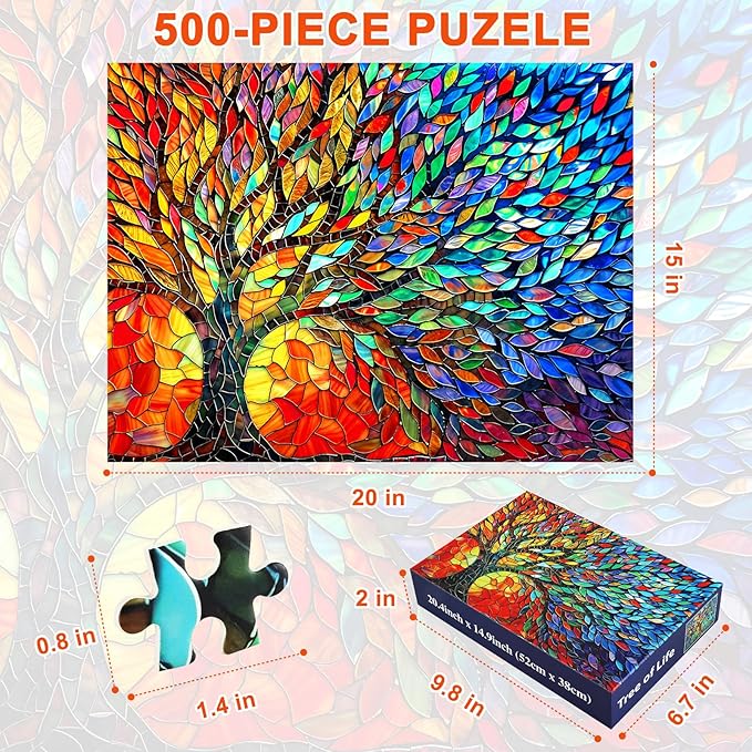 Tree of Life 500 Piece Puzzles for Adults Mosaic Stained Glass Jigsaw Puzzles Colorful Puzzles for Adults 500 Pieces with Letters on Back Impossible Hard Difficult Challenging Family Puzzles