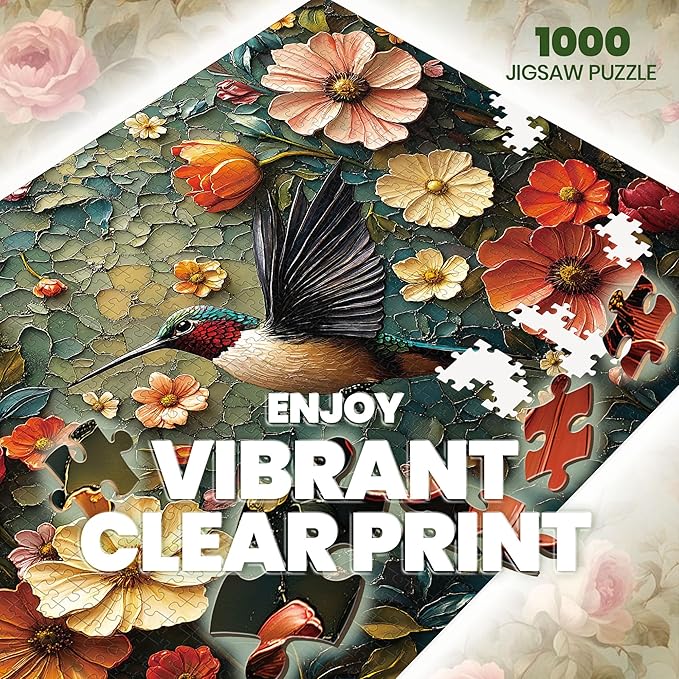 Puzzles for Adults 1000 Pieces, Vintage Flower Hummingbird Jigsaw Puzzle 1000 Pieces, Retro Bird Nature Art Themed Hard Puzzles with Letters on Back for Family Game Gift, 1:1 Poster