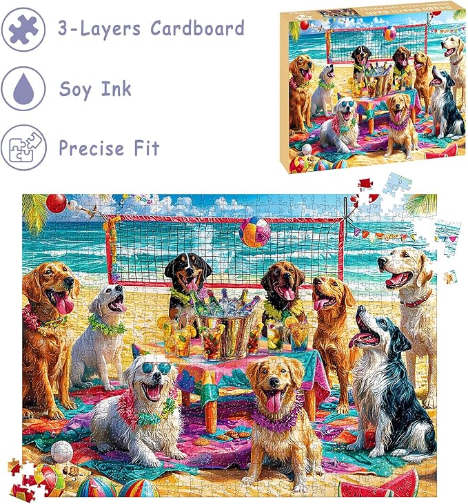 Puzzles for Adults 1000 Pieces, Dog Jigsaw Puzzles 1000 Pieces - Doggo Beach Bash, Party Decor Impossible Puzzle, Finished Size 27.56 * 19.69", with 1:1 Poster, Letter on The Back