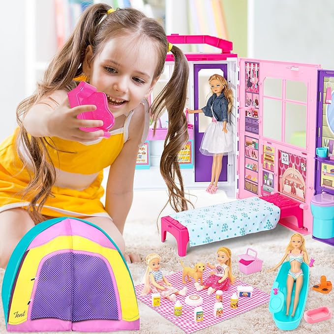 Style Shine Doll House Portable & Foldable Dollhouse w/ 60+ Pcs & 2 Dolls, Play House Toy with Bedroom Kitchen Pet House Camping Playset, Playhouse Birthday Gift for Girl Kid Toddler
