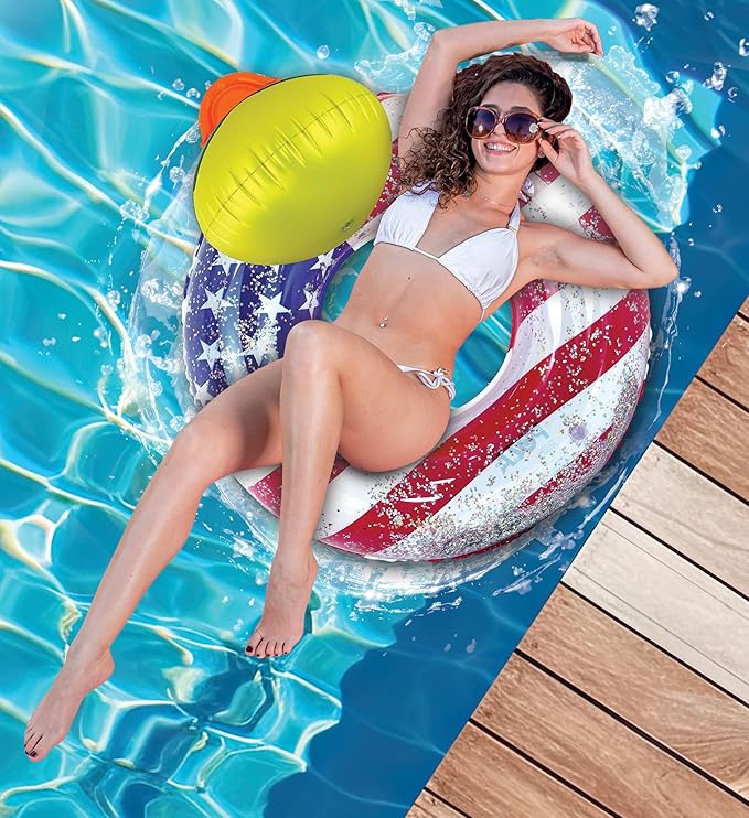 POZA Inflatable USA Pool Float - Luxurious Fun Lounger Filled with Sparkle Silver Stars Confetti, Cool USA Flag Design Water Swimming Pool Floaties for Beach, Lake & Pool