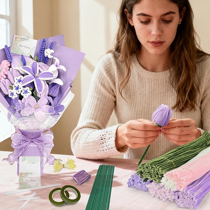 LINAYE 500 PCS Pipe Cleaners Craft, 6 Colors Pipe Cleaners Flowers Kit, Chenille Stems for Crafts with Instruction Wrapping Paper, Flower Stamens, Stems Art and Craft Supplies Purple