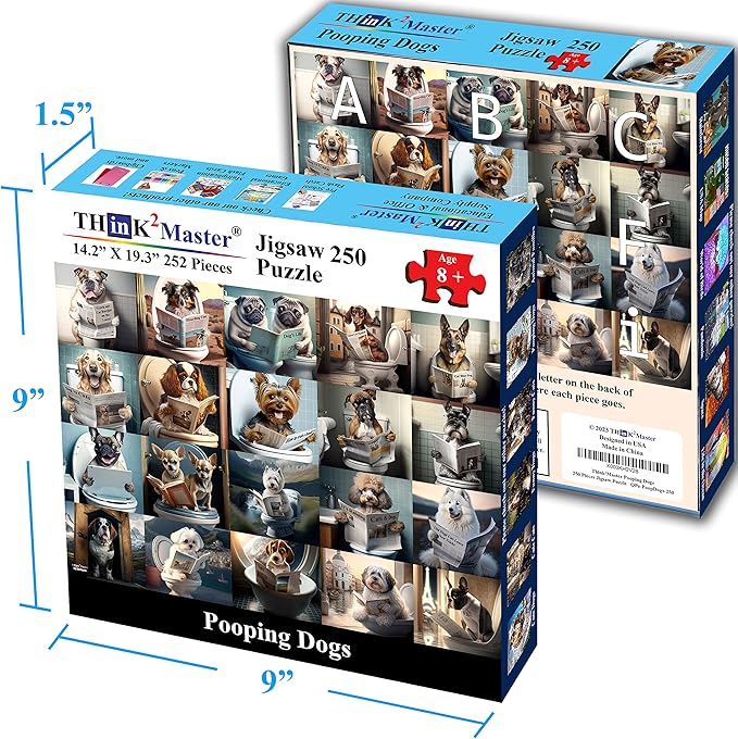 Think2Master Pooping Dogs 250 Pieces Jigsaw Puzzle Featuring heartwarming Puppies and Dogs. Perfect Bathroom Decoration, White Elephant Gag Gift. Fun Puzzle for Adults & Seniors Size: 14.2” X 19.3”