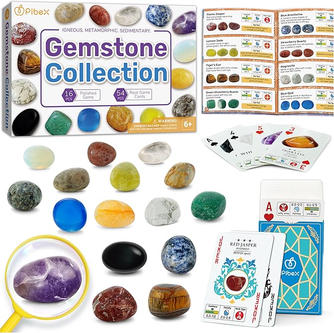 PIBEX Gemstone Collection - 16 PCS Polished Gems & Crystals (1-Inch / 2-3 cm), STEM Geology Kit with Guidebook, 54 ID Cards & Transparent Display Case, Rock Science Gift for Kids Ages 6+
