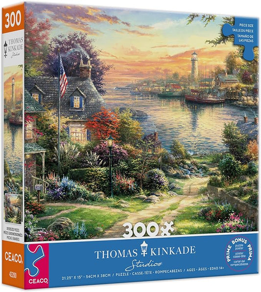 Ceaco – New England Harbor Jigsaw Puzzle – Thomas Kinkade Studios - 300 Piece Oversized Puzzle for Adults with Poster - Scenic Artwork – Large Pieces – Made in USA
