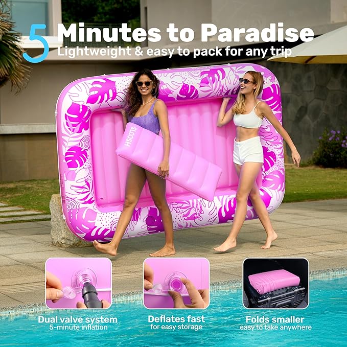 SLOOSH Inflatable Tanning Pool Lounger Float, 85" x 57" Extra Large Pool Floats Adult with Pillow, 4 in 1 Suntan Tub Raft Floatie,Sunbathing Bed Lounge Blow Up Ball Pit Party Gifts, XL-Hot Pink
