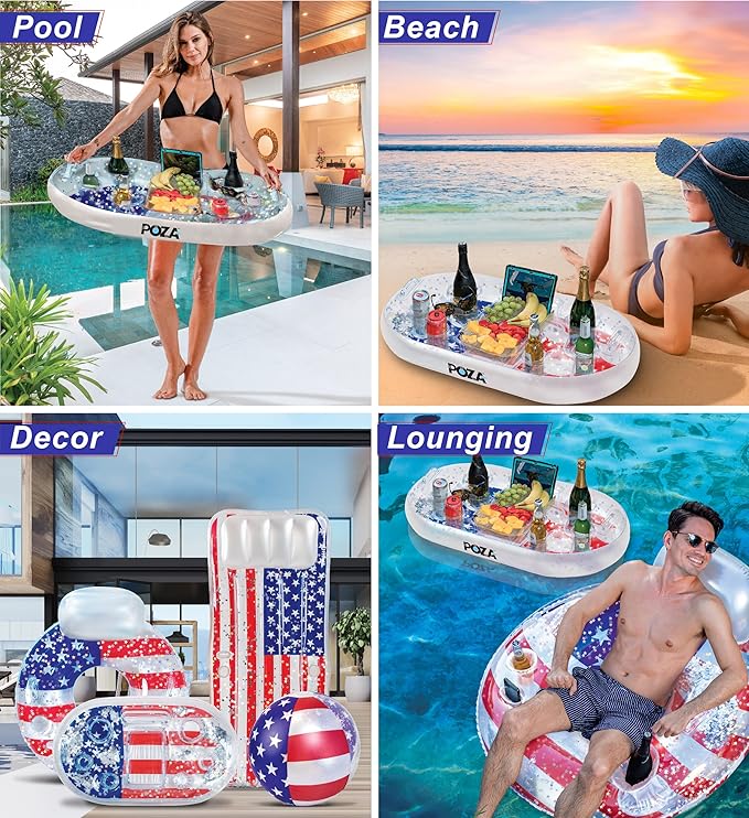 POZA Inflatable USA Pool Float - Luxurious Fun Lounger Filled with Sparkle Silver Stars Confetti, Cool USA Flag Design Water Swimming Pool Floaties for Beach, Lake & Pool