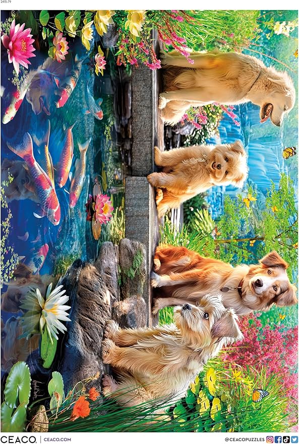 Ceaco - Doggies at the Koi Pond Puzzle 500 Pieces - Jigsaw Puzzles for Adults - Angelo Bonito - Bonus Poster - Made in USA - Recycled Materials - 21.25 x 15 Puzzle