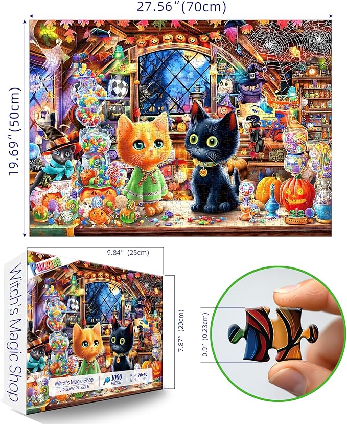 Halloween Puzzle for Adults 1000 Pieces, Cat and Witch Magic Shop Jigsaw Puzzle with Letters on Back with Pumpkin Candy Spooky Decor for Halloween Party, Family Night (27.5" x 19.7")