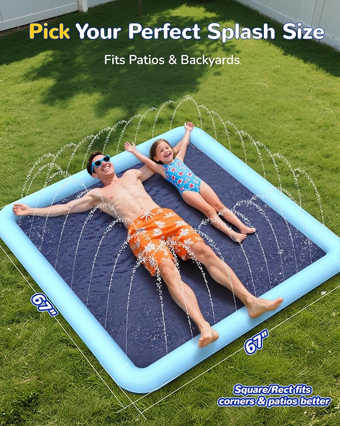 VISTOP Non-Slip Splash Pad for Kids and Dog, Thicken Sprinkler Pool Summer Outdoor Water Toys - Fun Backyard Fountain Play Mat for Baby Girls Boys Children or Pet Dog (67 * 67 inch, Blue&Blue)