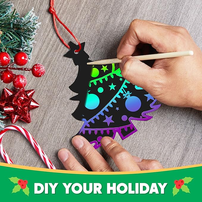 JOYIN 72 Pcs Christmas Scratch Art Ornaments, Rainbow Color Scratch Paper Craft Kit Include Snowman, Christmas Tree, and Reindeer, Scratch Off Hanging Ornament for Kids Party Favor