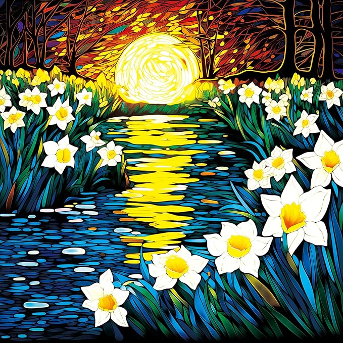 Bgraamiens Puzzle-Moonlight Daffodils-1000 Pieces Square Stained Glass Art Puzzle Daffodils in Moonlight Color Challenging Beautiful Jigsaw Puzzles for Adults (Moonlight Daffodils)