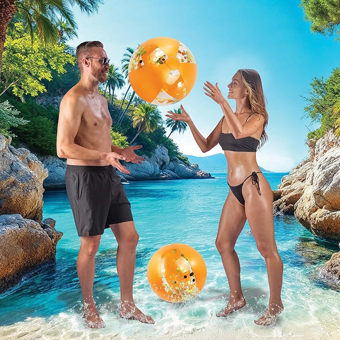 POZA Inflatable Beach Balls - Elegant Glitter Confetti Premium Floaters, Heavy Duty Vinyl Floatation Pool Toys for Pool Beach Party, UV Resistant Pool Décor