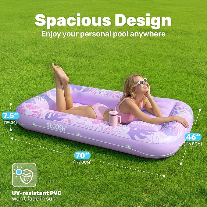 SLOOSH Inflatable Tanning Pool Lounger Float, 70" x 46" Pool Floats Adult with Pillow, 4 in 1 Suntan Tub Raft Floatie,Sunbathing Bed Lounge for Water Blow Up Ball Pit Party Gifts, L-Purple