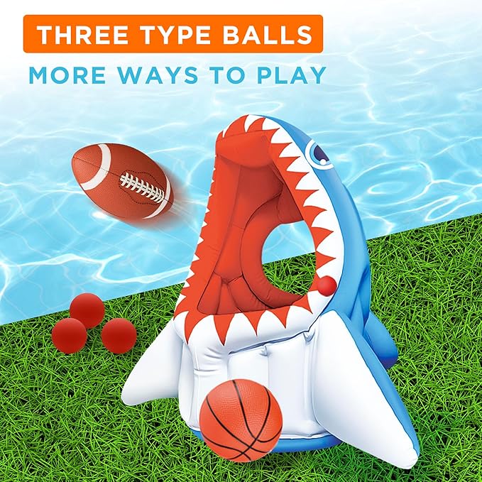iPlay, iLearn Kids Shark Pool Toy, 3-in-1 Inflatable Pool Game Basketball Football Hoop Balls Toss Game, Toddler Floating Water Toy, Outdoor Yard Beach Summer Party Gift 3 4 5 6 7 8 Year Old Boy Girl