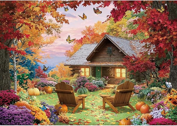 Sutinban Fall Cottage 500 Pieces Puzzle for Adults, Thanksgiving Colorful Autumn Nature Jisgaw with Plant Pumpkin, Challenging Puzzle for Home Decor & Gift
