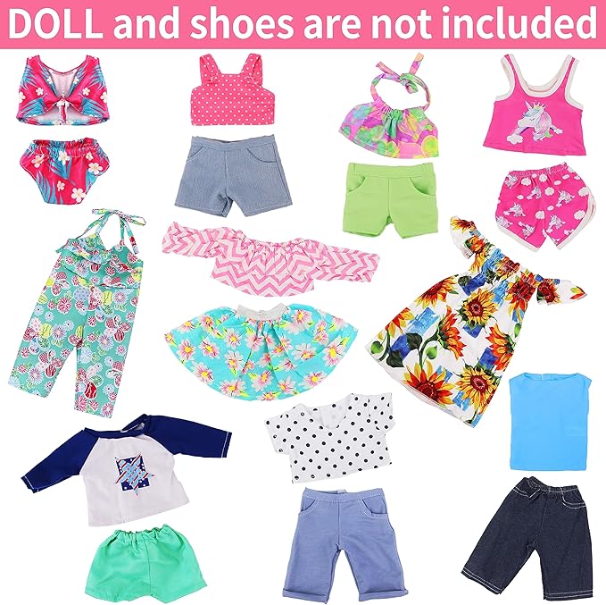 Ecore Fun 10 Sets Doll Clothes for 18 Inch Dolls – 18 pcs Outfits, Dresses, Swimwear, Jumpsuits & Tights | Costume Wardrobe Birthday for Girls