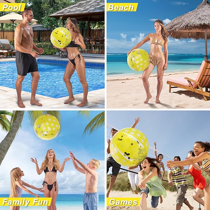 POZA Inflatable Beach Balls - Elegant Glitter Confetti Premium Floaters, Heavy Duty Vinyl Floatation Pool Toys for Pool Beach Party, UV Resistant Pool Décor