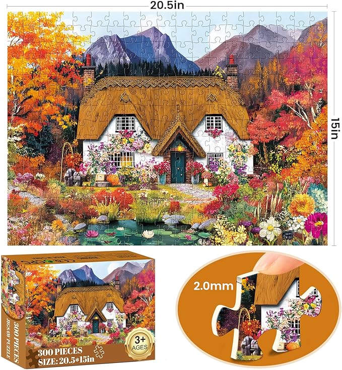 300 Piece Puzzle for Adults,Harvest at The Cabin Puzzle for Kids Teens Adults,Interlock Perfectly Letter on Back,Autumn Scene Jigsaw Puzzle,Gifts for Halloween Christmas Family Games Lovers,20.5*15In