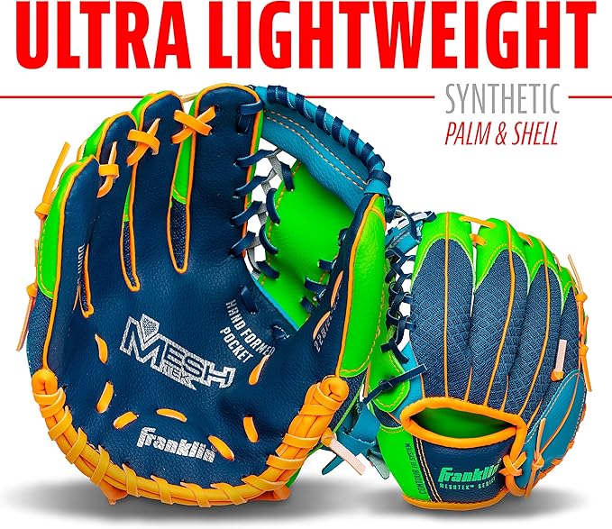 Franklin Sports Kids Baseball Glove + Foam Ball Sets - Meshtek Youth Teeball Gloves for Kids + Toddlers - Left + Right Hand Throw - 9.5" Inch