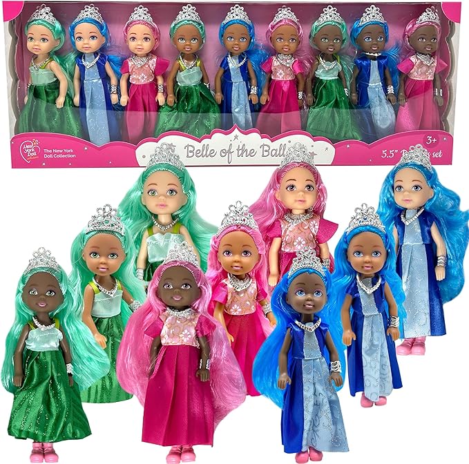 Little Dolls Set with Mini Princess Dolls for Girls – Princess Toy Dolls for Dollhouse –Small Doll Mini Princess Figures with Tiaras, Hair Accessories