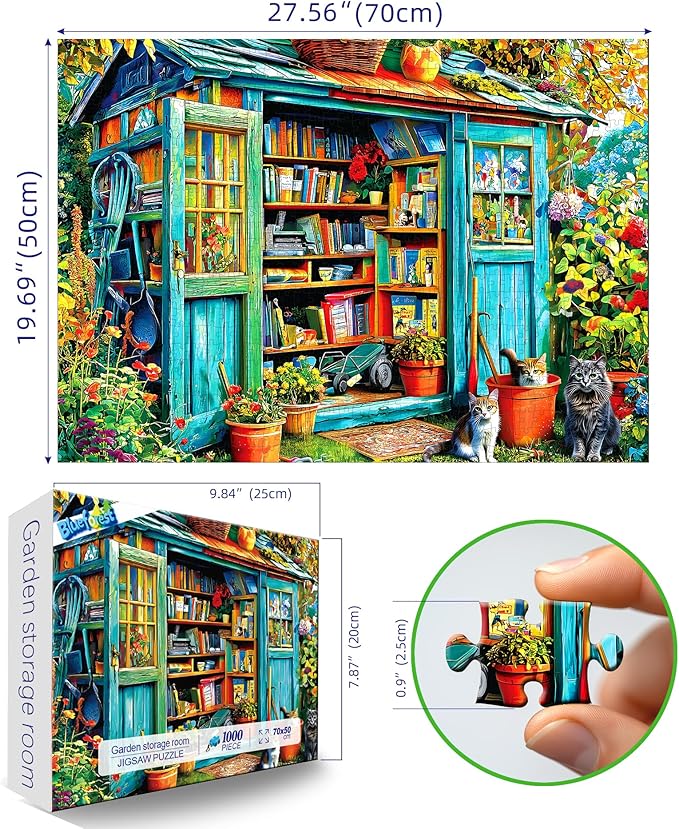 Blueforest 1000 Piece Puzzle for Adults - Cozy Garden Shed Bookshelf & Cats Art, 27.5x19.7 Inches Premium Jigsaw Puzzle for Relaxation & Home Decor