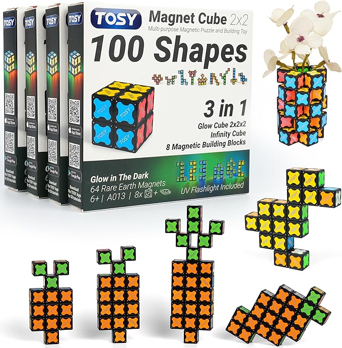 TOSY Magnet Cube 2x2 - 8 Blocks, 2in1 Toy: 2x2x2 Puzzle Cube and Customizable Infinity Cube, Easter Basket Stuffers Gifts for Kids/Grandkids, Glowing w/ UV Flashlight, STEM Toy, 4-Pack