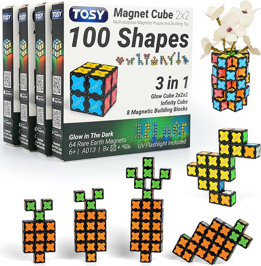 TOSY Magnet Cube 2x2 - 8 Blocks, 2in1 Toy: 2x2x2 Puzzle Cube and Customizable Infinity Cube, Easter Basket Stuffers Gifts for Kids/Grandkids, Glowing w/ UV Flashlight, STEM Toy, 4-Pack