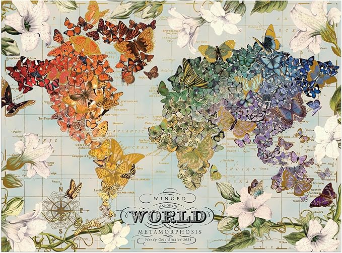 Galison Winged Metamorphosis – 1000 Piece Wendy Gold FOIL Jigsaw Puzzle Featuring Beautiful Artwork of A Butterfly Inspired World Map