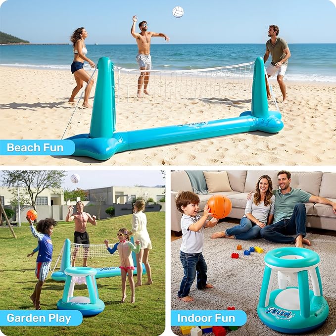 JOYIN XL Inflatable Pool Float Set, 125'' Volleyball Net & Basketball Hoops, Extra Large Floating Swimming Game Toy for Kids and Adults, Summer Floaties, Volleyball Court|Basketball, XL-Blue, Cyan