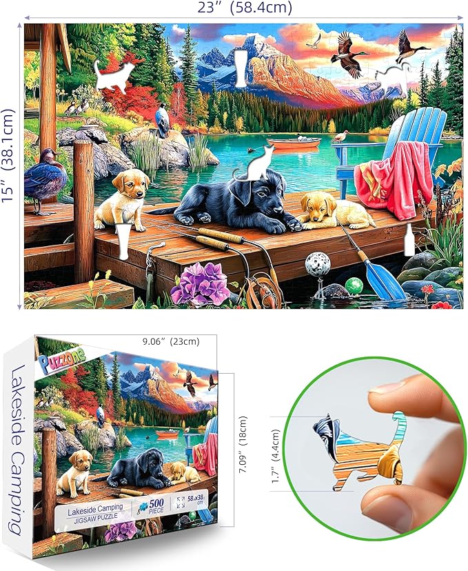 Lake Dock Puppies 500 Piece Puzzles for Adults Mountain Forest Outdoor Scene Jigsaw Puzzle with Cute Dogs,Ducks & Fishing Gear - Challenging Family Game for Adults Ideal Gift