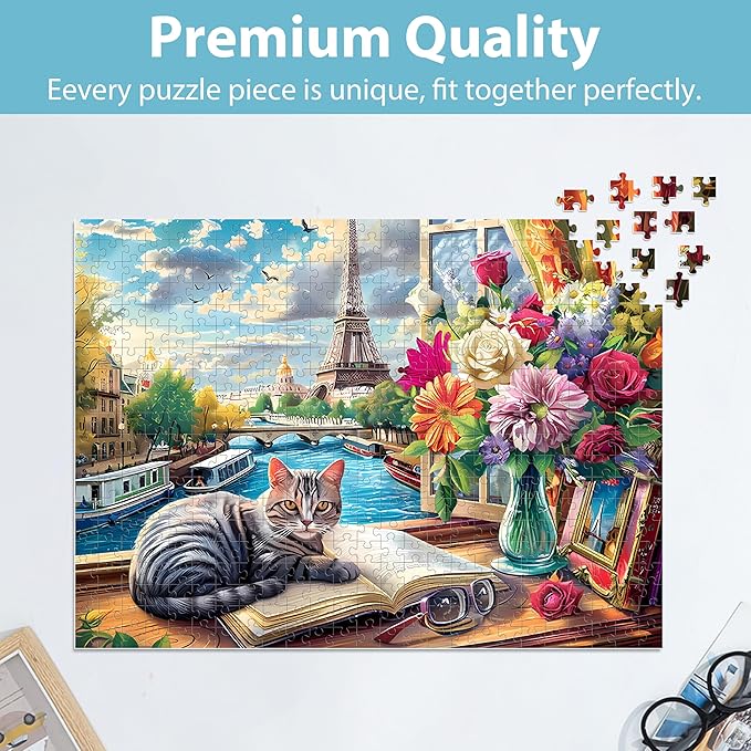 500 Pieces Puzzle for Adults Cat Paris Puzzle for Elderly, Recycled Paper Jigsaw Puzzles 500 Pieces Challenging Puzzles Family Game Gift for Friends, Finished Size is 21x15 in