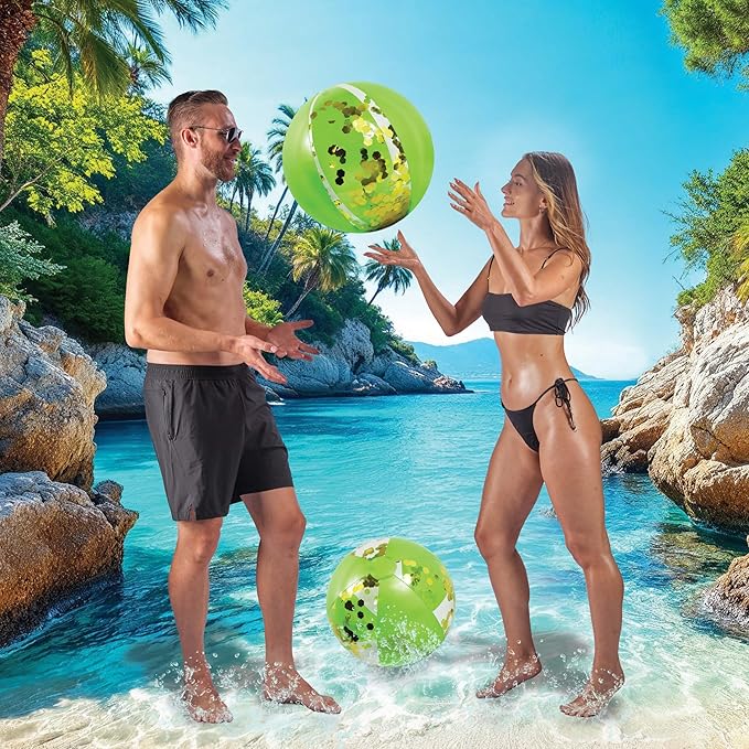 POZA Inflatable Beach Balls - Elegant Glitter Confetti Premium Floaters, Heavy Duty Vinyl Floatation Pool Toys for Pool Beach Party, UV Resistant Pool Décor