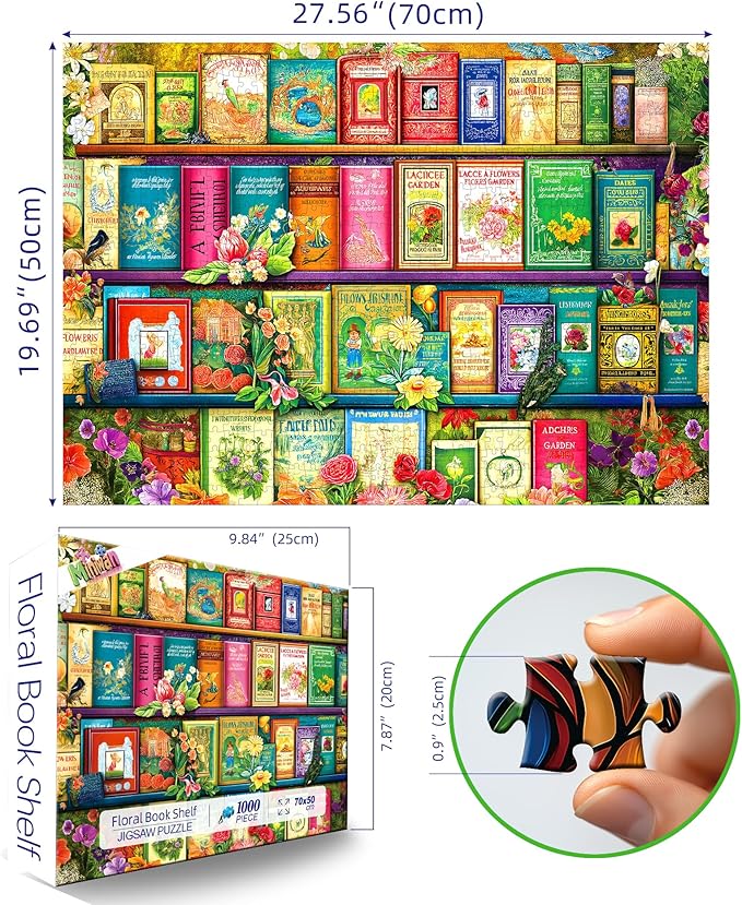 Floral Antique Bookshelf 1000 Piece Puzzle for Adults, Fun Puzzles for Adults 1000 Pieces with HD Print Poster, 27.5" X 19.7" Dust Free, for Gifts Birthday Holiday Party Family Games Lovers