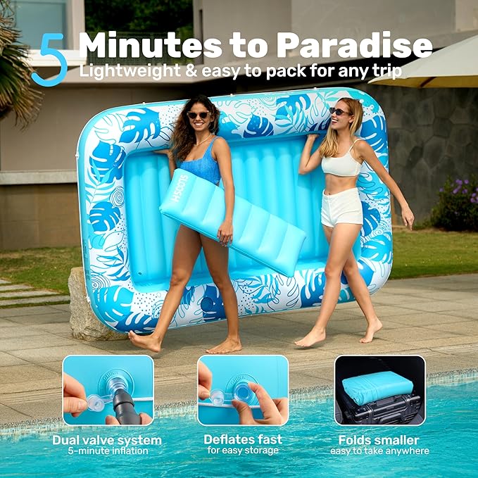SLOOSH Inflatable Tanning Pool Lounger Float, 85" x 57" Extra Large Pool Floats Adult with Pillow, 4 in 1 Suntan Tub Raft Floatie,Sunbathing Bed Lounge for Water Blow Up Ball Pit Party Gifts, XL-Blue