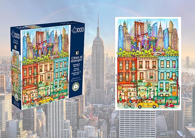 Hard & Challenging 1000 Piece Puzzle for Adults – Cities at Midnight New York by Madalina Tantareanu – Empire State Building, Statue of Liberty & Brooklyn Bridge – Difficult 27x20 Jigsaw by KI Puzzles
