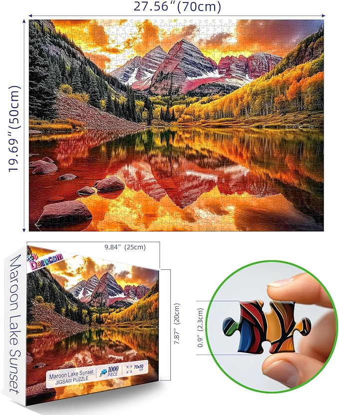 1000 Piece Maroon Lake Puzzle for Adults, Colorado Mountain Lake Landscape with Autumn Foliage and Sunset, 27.56x19.69 Inches Scenic Nature Artwork, Stress Relief & Home Decor, Entertaining Challenge