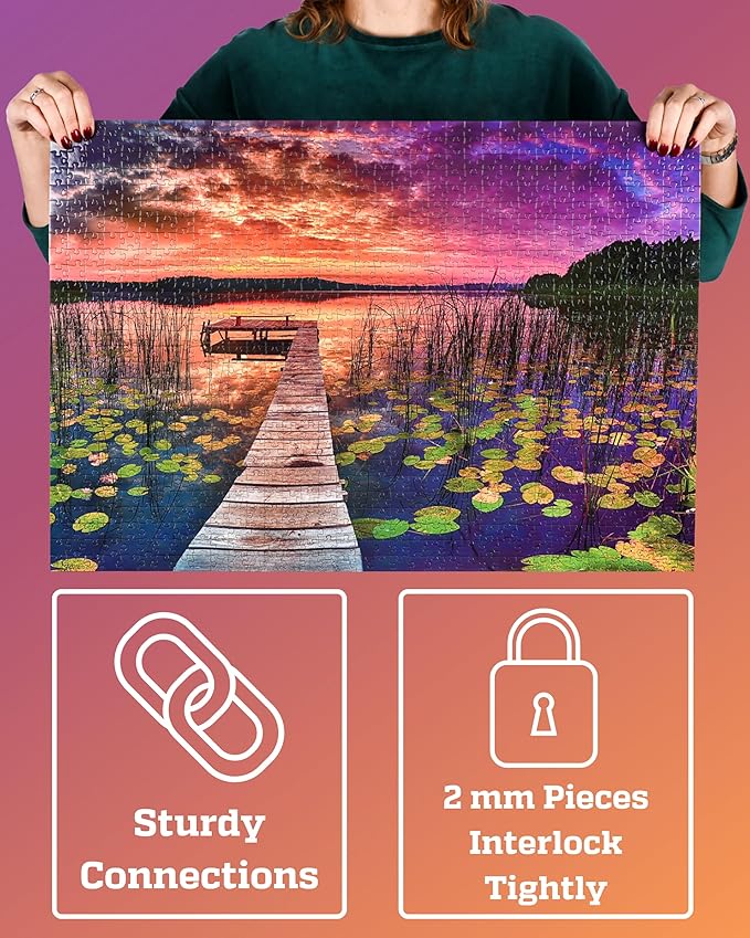 Puzzles for Adults 1000 Pieces - Ideal Gift for Loved Ones, Gift-Ready Box, Letters on Back, 8 Jigsaw Puzzle Saver Sheets & Full-Size Poster - Scenic Landscape Sunset with Dock & Lilies by GERJATO