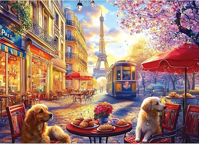 1000 Pieces Puzzle for Adults, Paris Cafe Scene with Eiffel Tower Jigsaw Puzzles, Perfectly Fitting Pieces, Home Decor Birthday Party Gift for Adults Seniors 27.5" x 19.7"