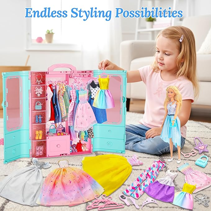 Style Shine 70 Pcs Closet Playset with Clothes & Accessories,2 Wedding Gowns 2 Casual Outfits 6 Fashion Dresses 2 Swimsuit 10 Shoes 27 Accessories 20 Hangers,Toys for Girls Kids Gifts