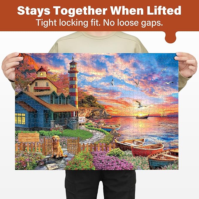 BenBen Puzzles for Adults 1000 Pieces, Sunset Lighthouse, Jigsaw Puzzles with Letters or Patterns on Back, Challenging Puzzles for Family Game Night Home Décor