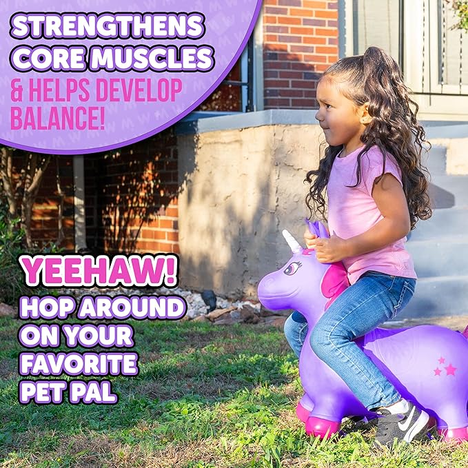 Waddle Bouncy Animal Hopper - Inflatable Hopping Animals, Indoors and Outdoors Fun, Pump Included, Riding Toys for Boys and Girls Ages 2 Years and Up, Purple Pink Unicorn