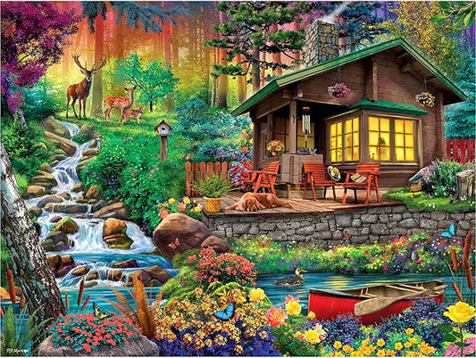 White Mountain 500 Piece Jigsaw Puzzle Spring Flowers Scenic Puzzles with Large Pieces Gift for Adults 18"x24" - Cabin in The Woods