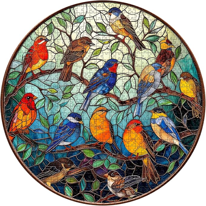 Stained Glass Puzzle Bird Puzzles for Adults 1000 Pieces, Colorful Round Bird Tree Jigsaw Puzzle, Impossible Hard Difficult Puzzles for Adults, Challenging Puzzles as Home Wall Decor