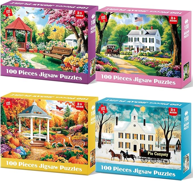 4 Pack 100 Piece Puzzles for Seniors, Four Seasons Jigsaw Puzzles for Elderly Large Piece Puzzle for Adults & Kids Ages 4-6 6-8 8-10, Easy Beginner Puzzle Family Educational Toy Gift