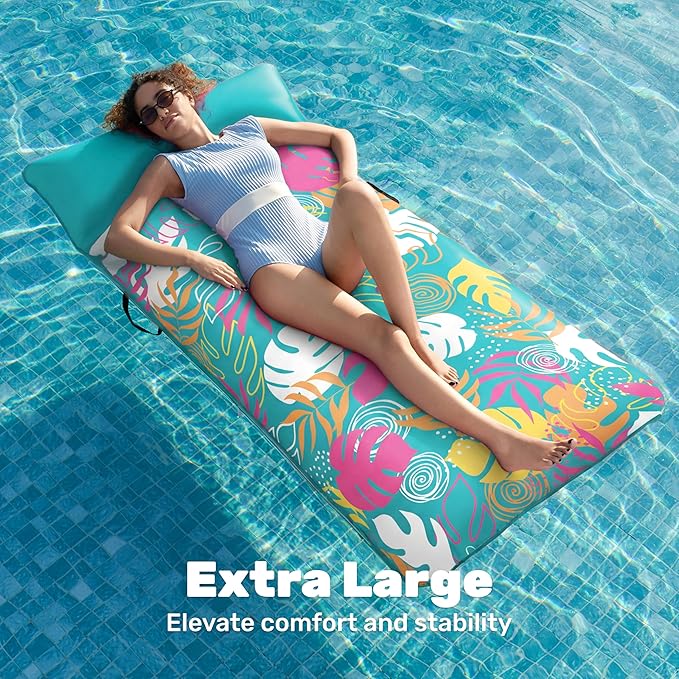 SLOOSH Inflatable Pool Floats Lounger - XL Fabric Covered Pool Mat Floaties for Adults, Ultra Comfort Water Floating Lounger with Headrest for Beach Lake Swimming Pool Float Raft 68"X34"
