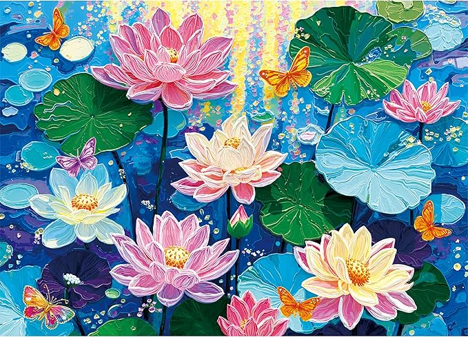 Puzzles for Adults 1000 Pieces - Colorful Dreamy Lotus, Acrylic Painting Impasto Flowers Adults Puzzles, Letter on Back No Dust, Matte Finish Aesthetic Lotus Puzzles Home Decor Birthday Gifts Games